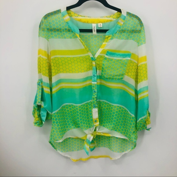 Tacera sheer blouse Button up with tie front - Picture 3 of 12